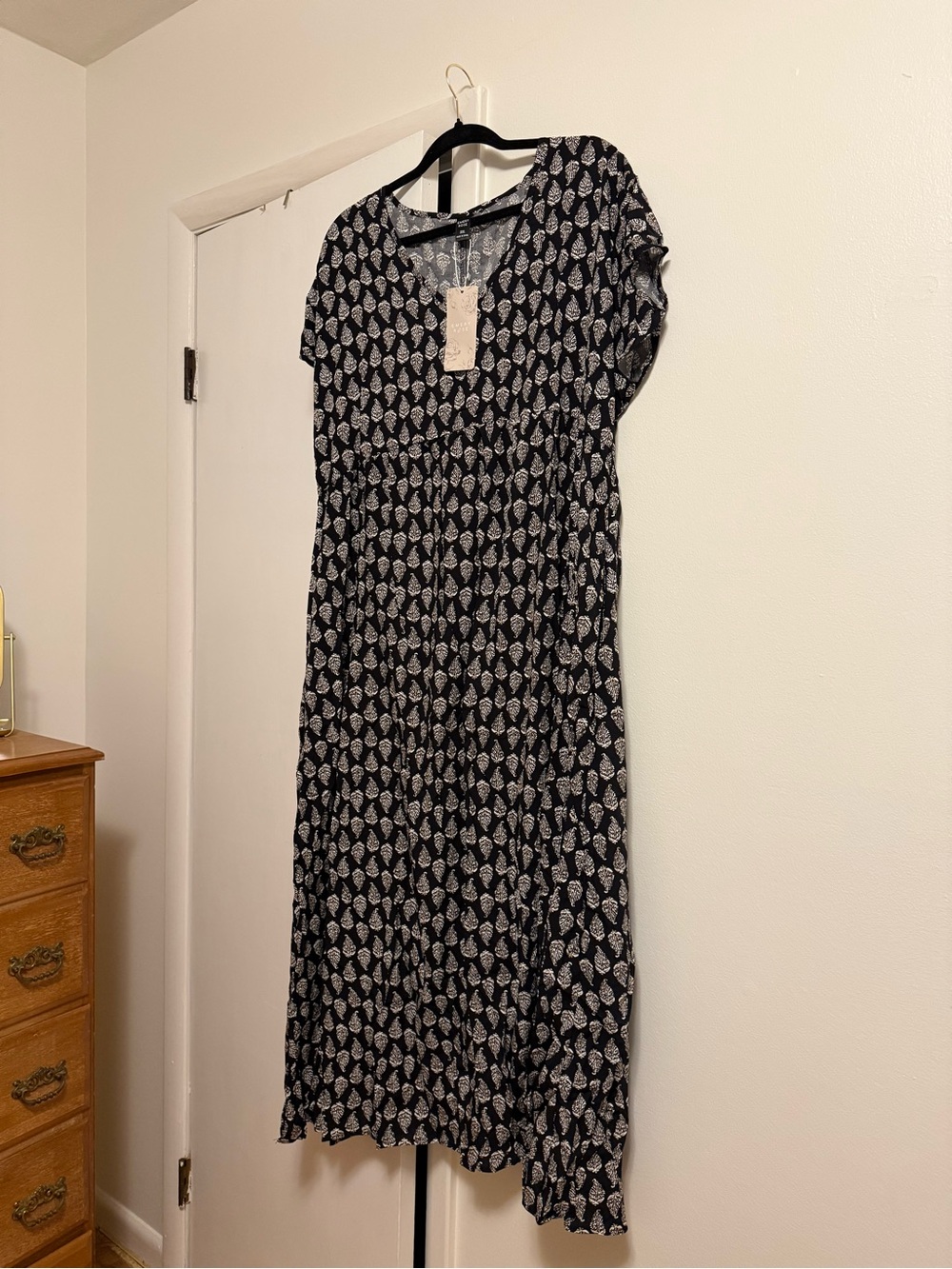 Women's Black Maxi Dress with White Leaf Print